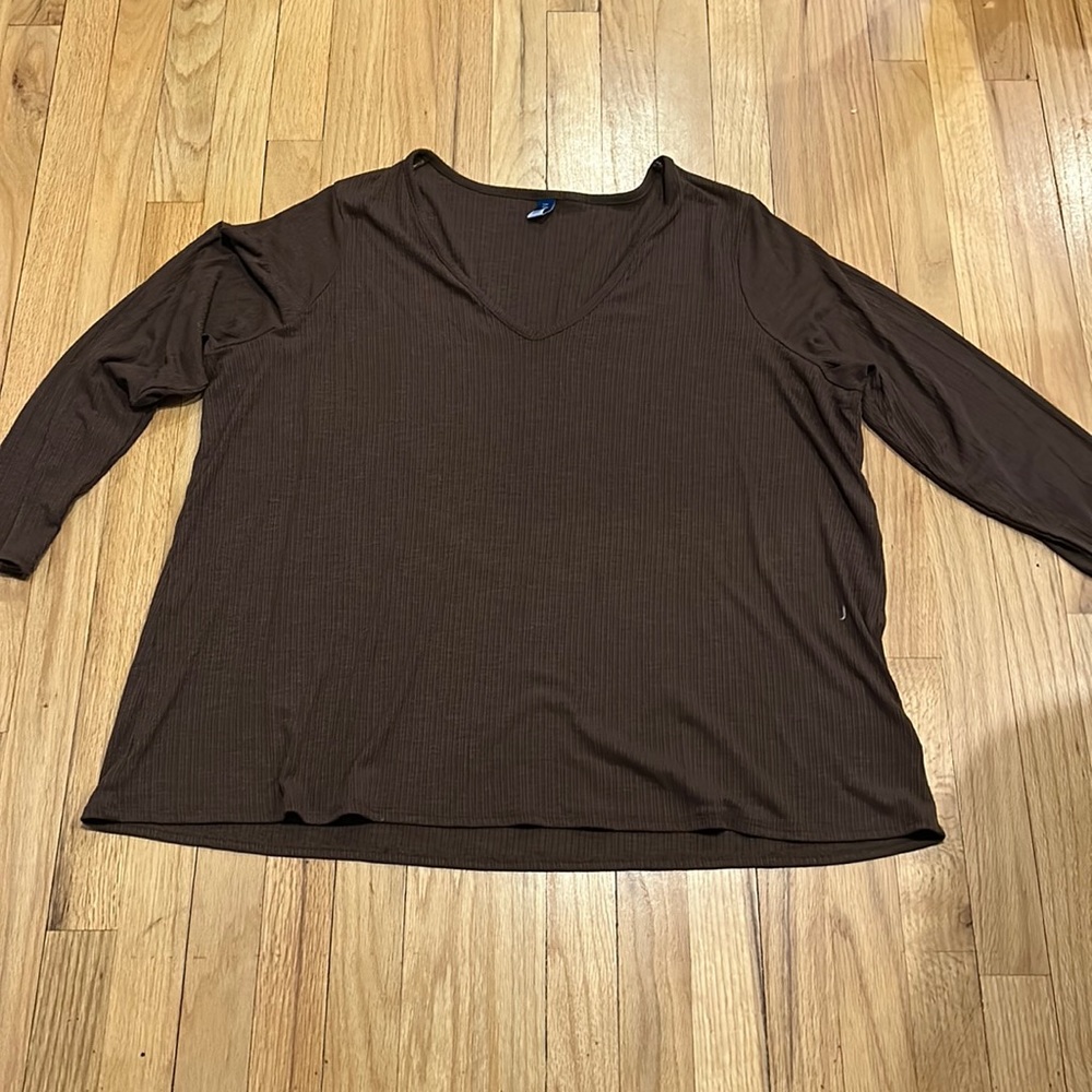 Brown V Neck Luxe Long Sleeve Top
